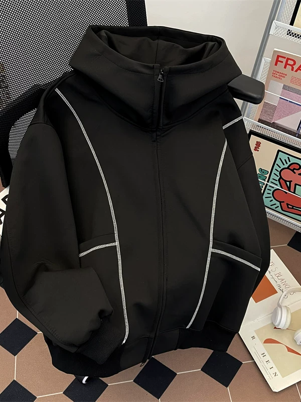 Áo khoác cardigan nam may viền nổi bật, kiểu dáng rộng rãi, thiết kế thời trang, áo khoác cặp đôi phong cách Mỹ mới mẻ mùa xuân thu.