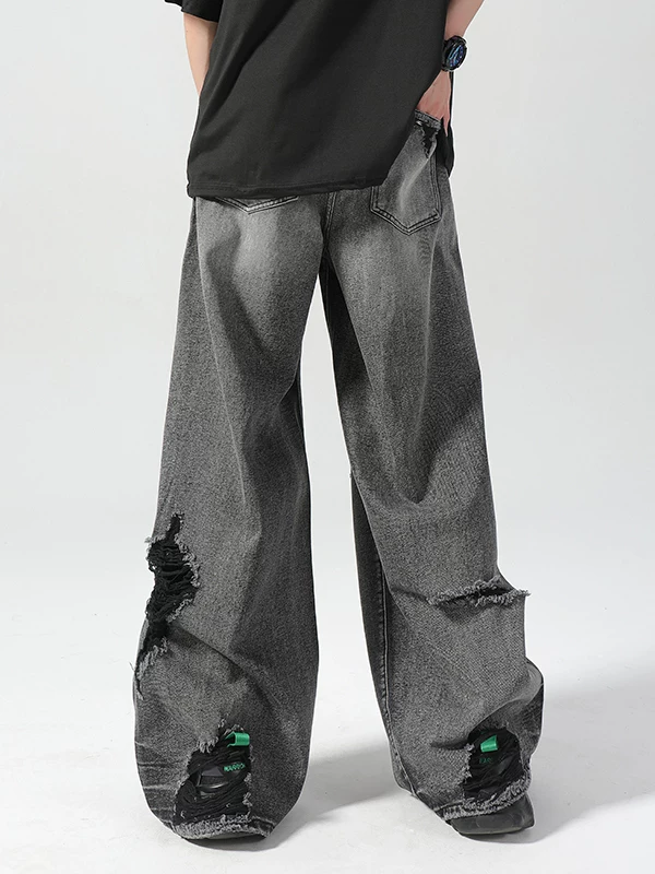 Quần jean rách cho nam, thương hiệu thời thượng mùa thu, dáng rộng, quần ống rộng cổ điển, phong cách đường phố Mỹ, quần ống đứng dài chạm sàn.