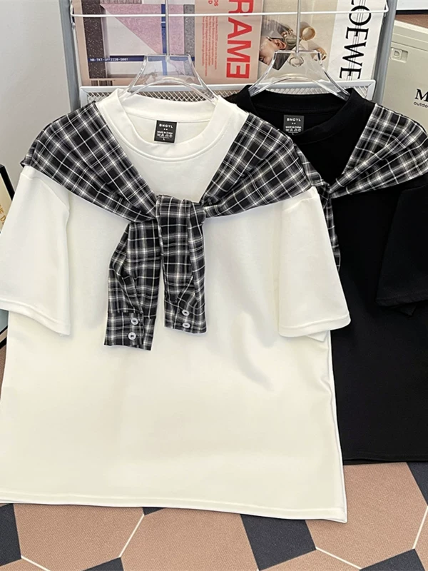 Áo thun ngắn tay giả hai mảnh kẻ sọc dành cho nam, áo thun ngắn tay dáng rộng thiết kế cleanfit hợp thời trang mùa hè.