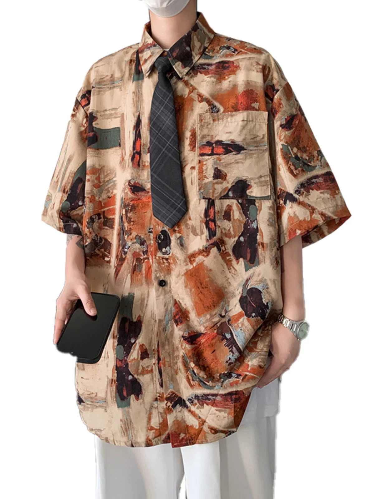 Áo sơ mi hoa văn cổ điển kiểu Mỹ dành cho nam, áo sơ mi đi biển bằng vải lụa băng mềm mại, tay ngắn, áo khoác cặp đôi mỏng hợp thời trang mùa hè.