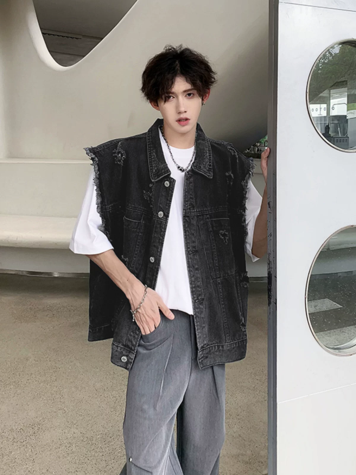 Áo vest denim nam đã qua xử lý làm cũ, phong cách retro Mỹ, áo vest công sở, kiểu dáng rộng rãi hợp thời trang, áo khoác không tay cá tính.