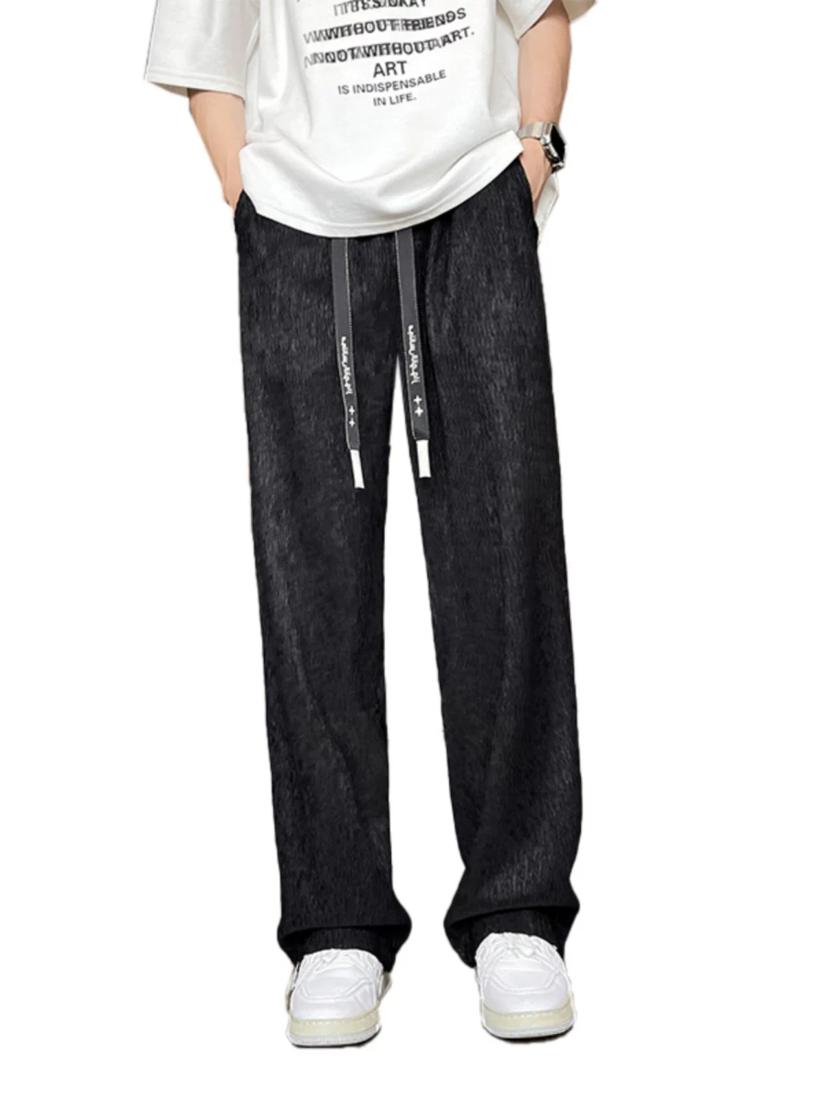 Quần lụa xếp ly nam phong cách Hồng Kông, chất liệu cao cấp, dáng suông đa năng, quần dài xu hướng mùa hè, phong cách casual.