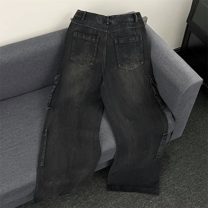 Quần jean nam phong cách đường phố Mỹ, nhiều túi, kiểu dáng retro thời thượng, ống rộng, quần dài chạm đất, dáng rộng thoải mái dành cho sinh viên.