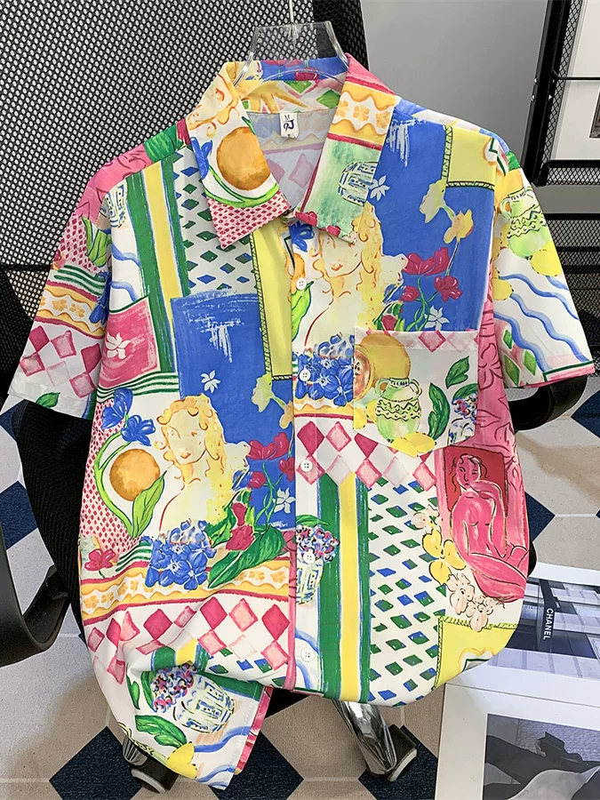 Áo sơ mi in tranh sơn dầu nhiều màu sắc dành cho nam và nữ, áo khoác thường ngày hợp thời trang mùa hè, áo sơ mi ngắn tay mỏng kiểu Hồng Kông dành cho cặp đôi
