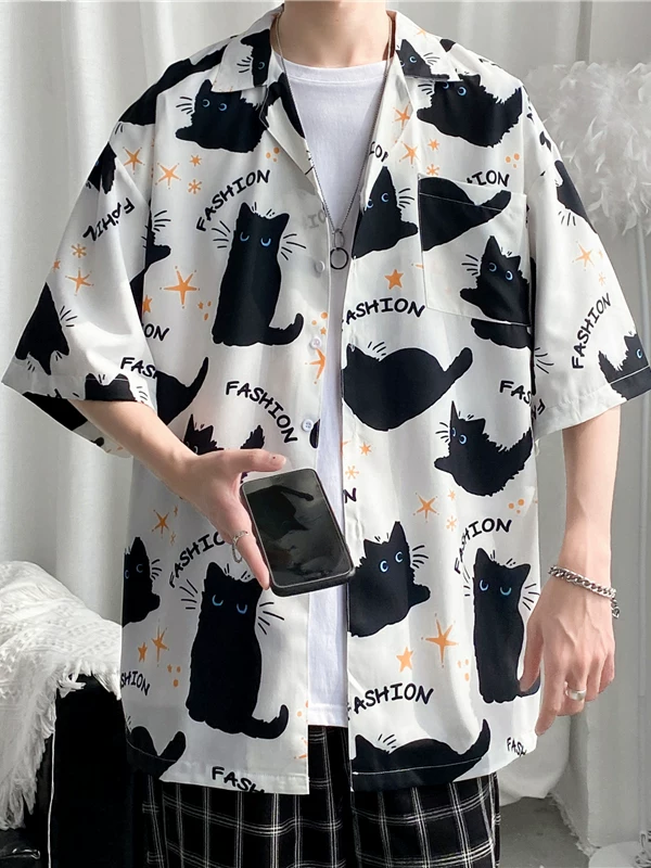 Áo sơ mi in hình mèo graffiti dành cho nam, phong cách đường phố mùa hè, áo sơ mi ngắn tay dáng suông với thiết kế hợp thời trang, áo khoác mát mẻ và sành điệu.