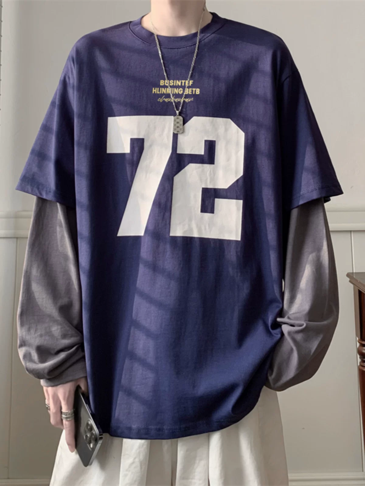 Áo thun giả hai mảnh phong cách Mỹ dành cho nam, tay dài, dáng rộng, cổ tròn, áo sơ mi cơ bản, áo đôi nam nữ hợp thời trang mùa xuân thu.