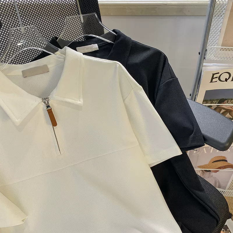 Áo polo nửa khóa kéo dành cho nam, phong cách Nhật Bản, cổ bẻ đơn giản, áo thun ngắn tay, trang phục nửa tay ngắn đa năng hợp thời trang mùa hè.