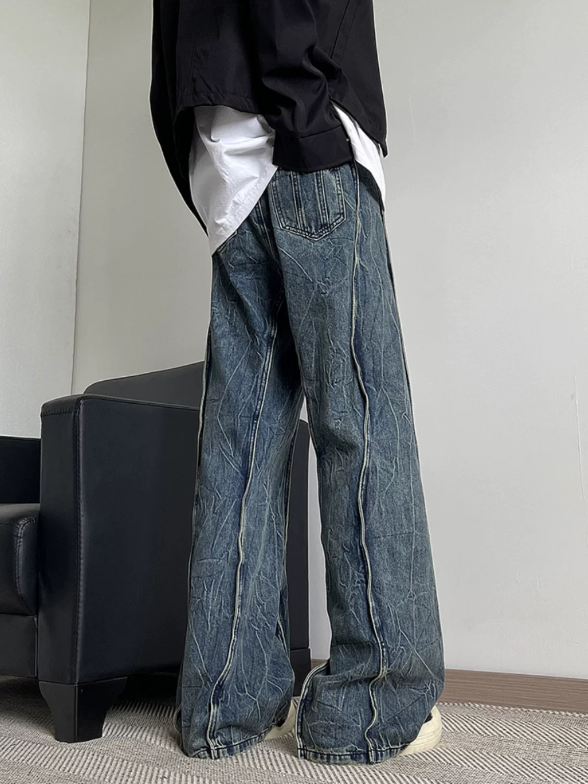 Quần jean oversized phối vải nhiều mảnh, chất liệu dày dặn dành cho nam và nữ, phong cách đường phố Mỹ, quần rách, quần dài ống rộng loe thời trang xuân thu.