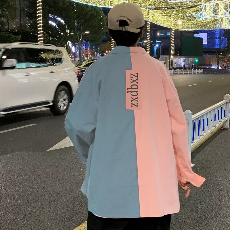 Áo sơ mi nam dài tay, phong cách Hồng Kông thời thượng, phối màu, dáng rộng, áo khoác thường ngày xuân/hè.