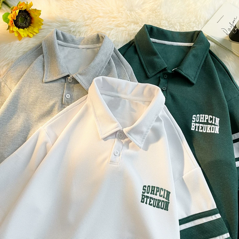 Áo thun waffle kiểu Mỹ dành cho nam, áo polo tay ngắn dáng rộng, thời trang mùa hè, đa năng, áo đôi tay lửng.