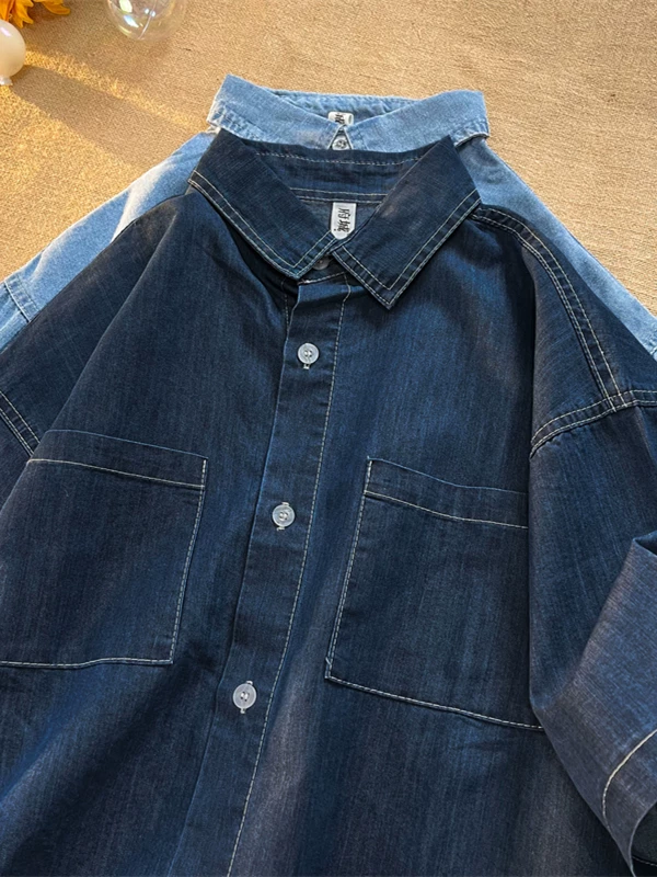 Áo sơ mi denim đã giặt nam tay ngắn phong cách Mỹ Nhật đa năng áo sơ mi thường ngày mùa hè dáng rộng hợp thời trang thương hiệu áo khoác cặp đôi