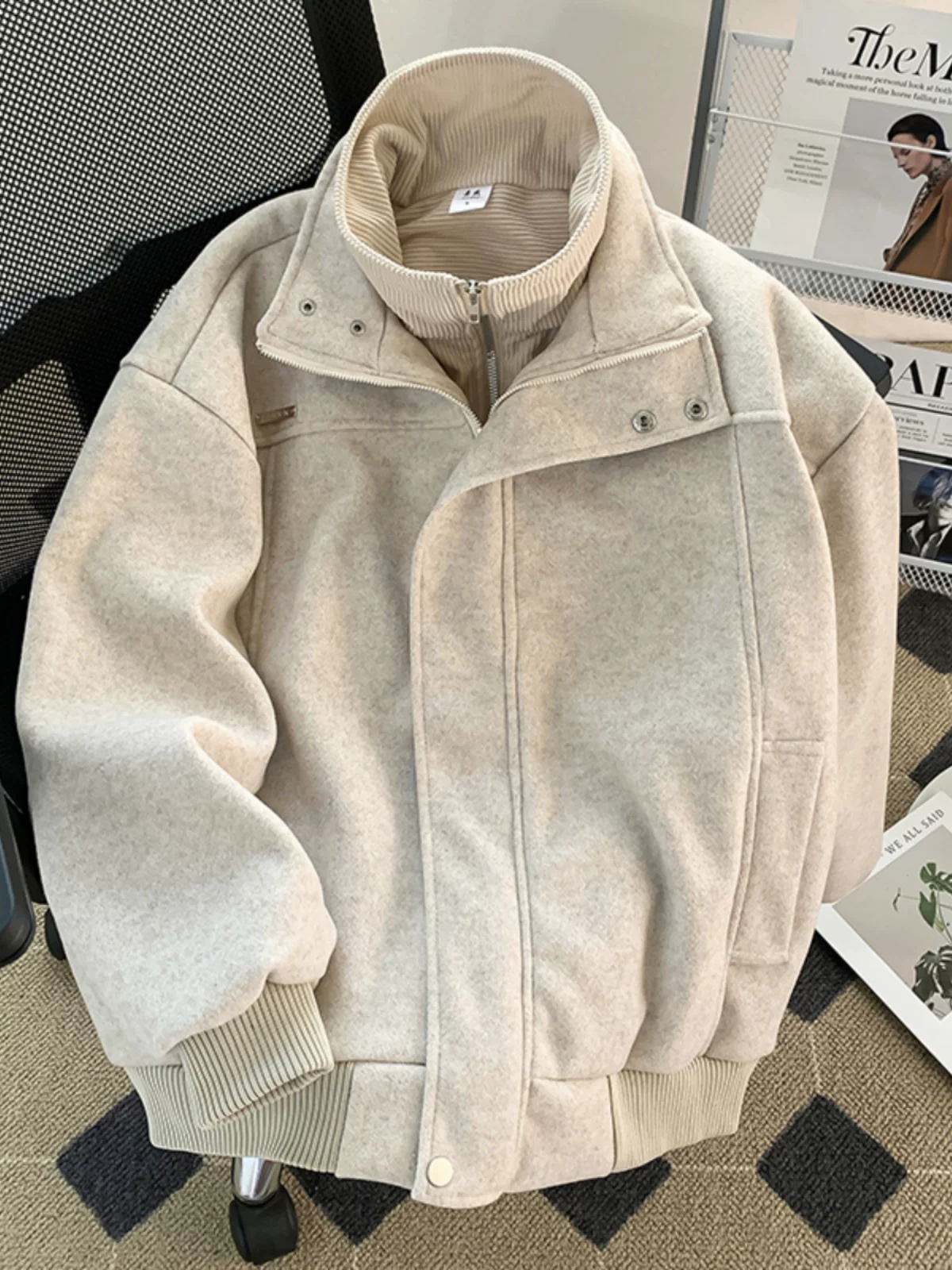 Áo khoác len giả hai lớp dành cho nam, áo khoác len dày dặn dáng rộng mùa đông, áo khoác ngắn kiểu Mỹ thời thượng, phong cách cleanfit.