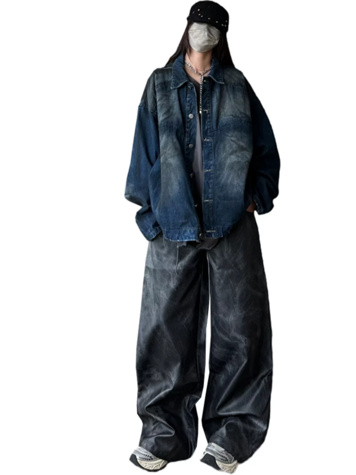 Áo khoác denim phong cách Wasteland dành cho nam và nữ, áo khoác có đệm vai rộng rãi, áo khoác cleanfit thời trang Mỹ mùa xuân thu.
