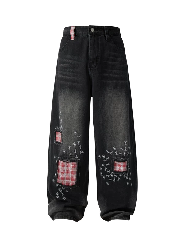 Quần jean nam rách phối vải caro, thương hiệu thời thượng, quần ống rộng dáng suông, thiết kế kiểu Mỹ, quần dài chạm đất.