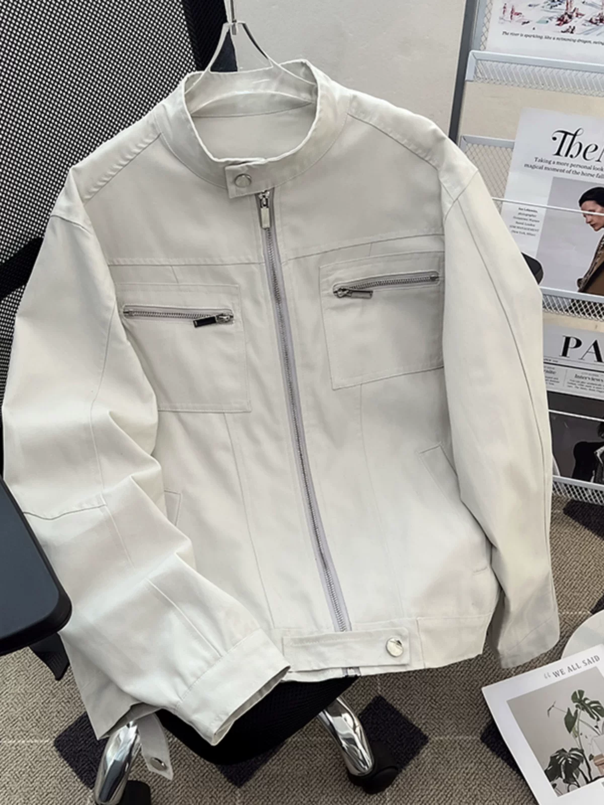 Áo khoác công sở cleanfit mùa xuân thu dành cho nam, áo khoác Harrington kiểu Mỹ cổ điển, áo cổ đứng dáng rộng, thương hiệu thời thượng.