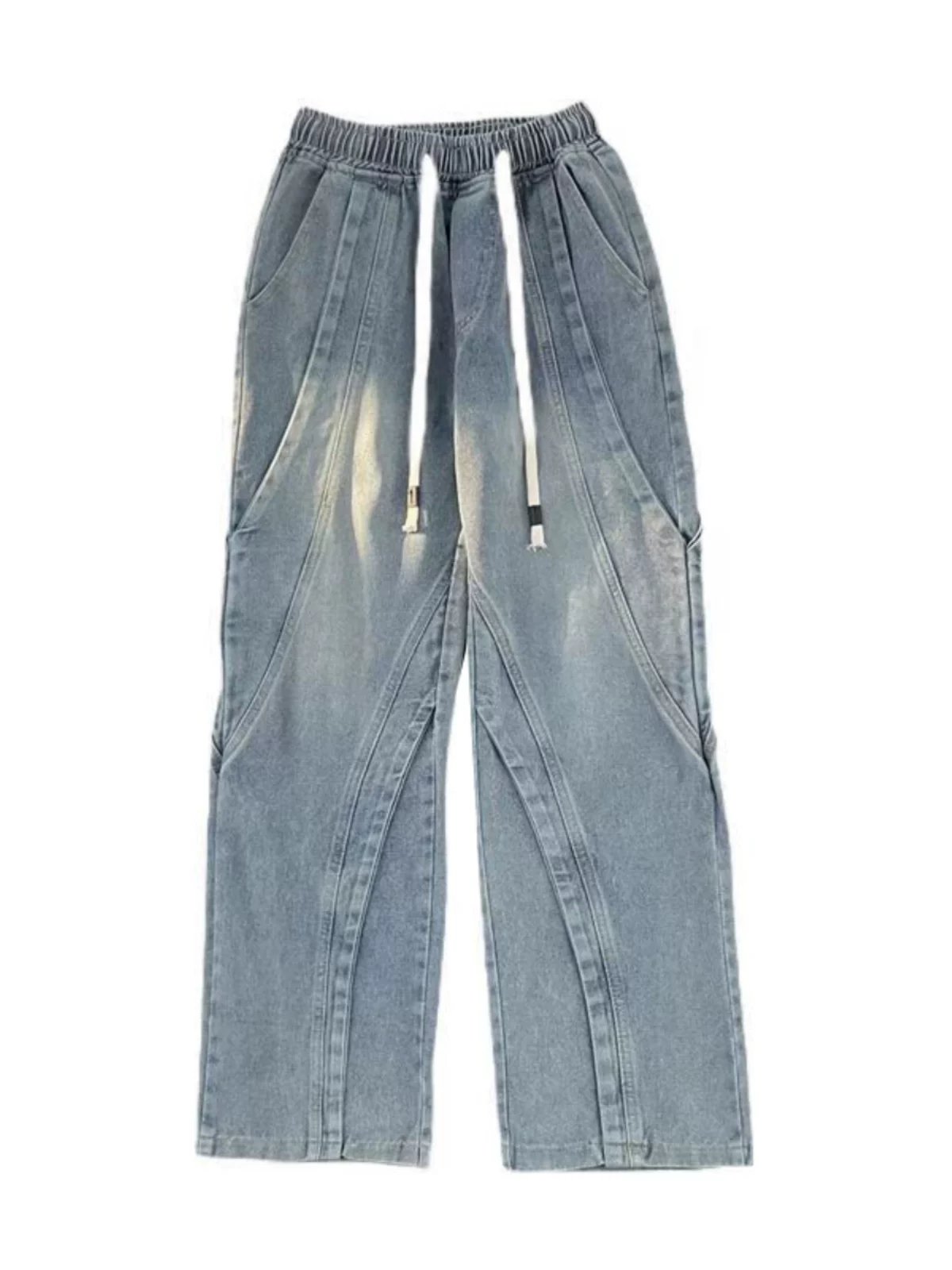 Quần jeans nam cạp chun thiết kế phá cách, phong cách Mỹ mùa xuân thu, quần vintage giặt mài, quần dài ống rộng dáng rộng thời thượng.