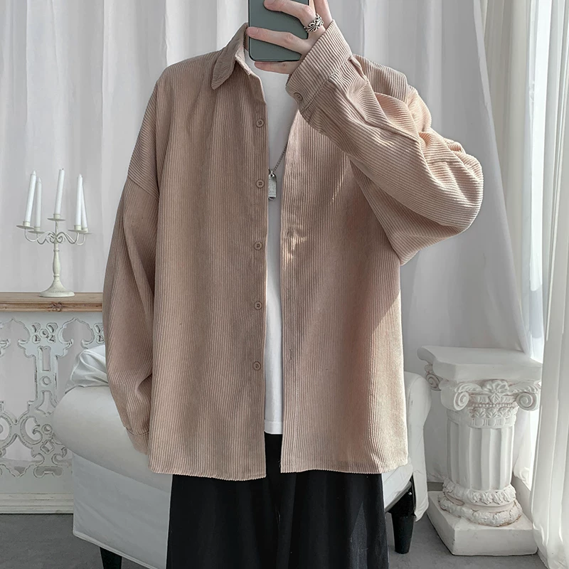 Áo sơ mi dài tay vải nhung cổ điển dành cho nam, áo sơ mi phong cách Hàn Quốc thời thượng mùa xuân thu dành cho thanh thiếu niên, áo khoác dáng rộng thoải mái
