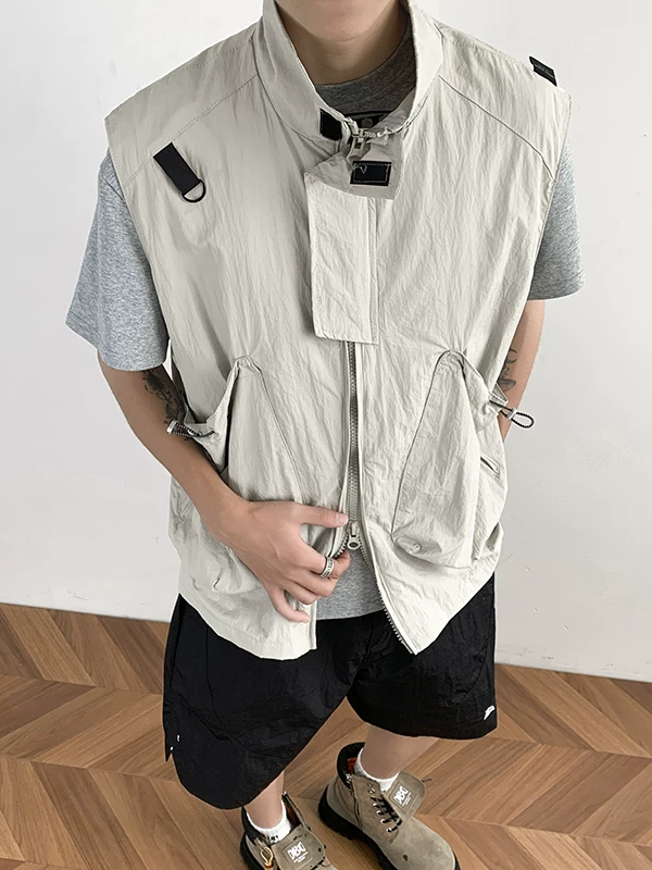 Áo vest đa năng ngoài trời dành cho nam, phong cách retro Nhật Bản mùa hè với túi lớn, áo khoác công sở không tay cổ đứng thời thượng.