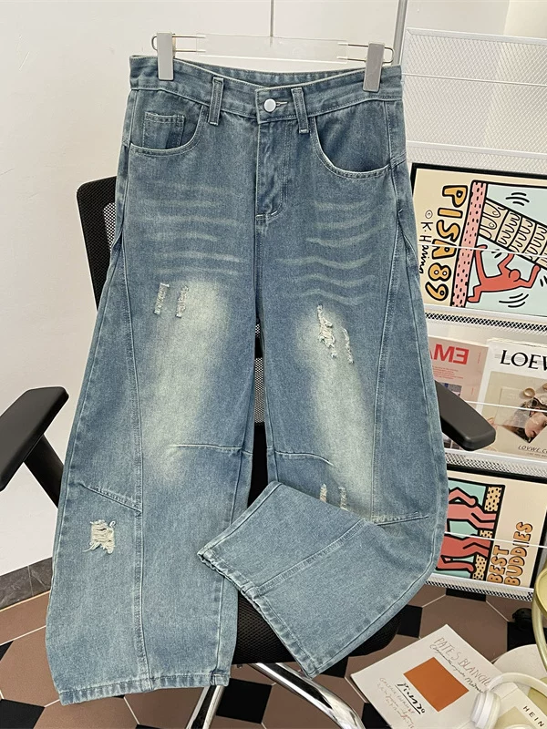 Quần jeans rách nam, kiểu mới hè 2025, quần ống rộng dáng suông, phong cách Mỹ, dài chạm đất.