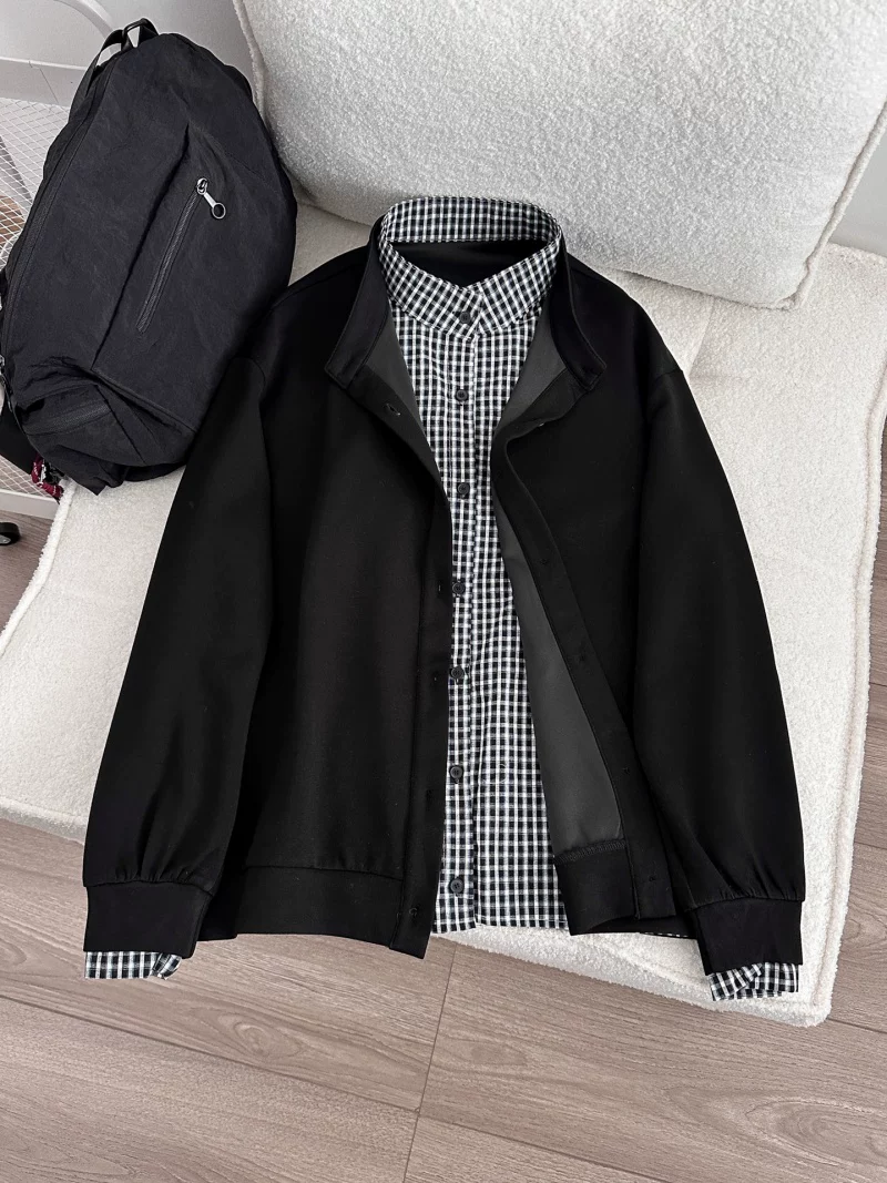 Áo khoác giả hai mảnh phong cách Mỹ dành cho nam và nữ, áo cardigan chắp vá kẻ sọc xuân thu, áo cao cấp dáng rộng hợp thời trang.