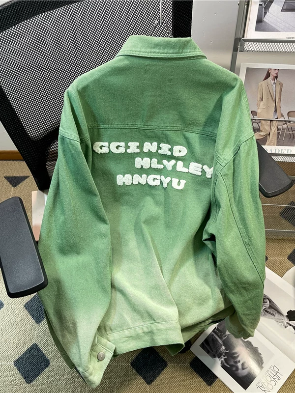 Áo khoác denim thêu gradient thiết kế theo phong cách Hồng Kông áo đôi mùa xuân thu áo khoác công sở thương hiệu hợp thời trang dành cho nam giới