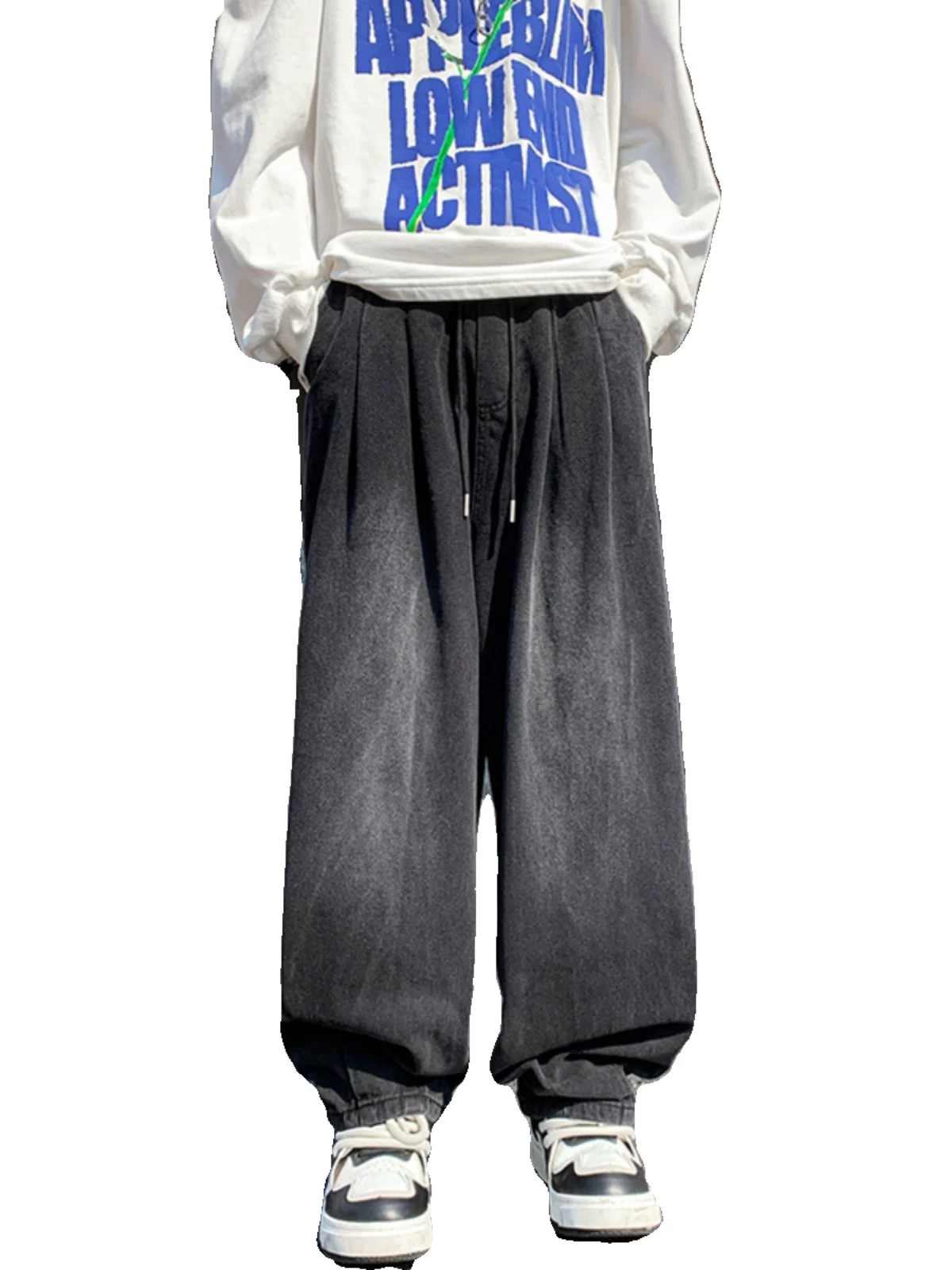 Quần jean ống rộng kiểu Nhật dành cho nam, mùa xuân thu, thương hiệu thời thượng, giặt mài và tạo hiệu ứng cũ, dáng rộng, quần dài chạm đất phong cách thường ngày.