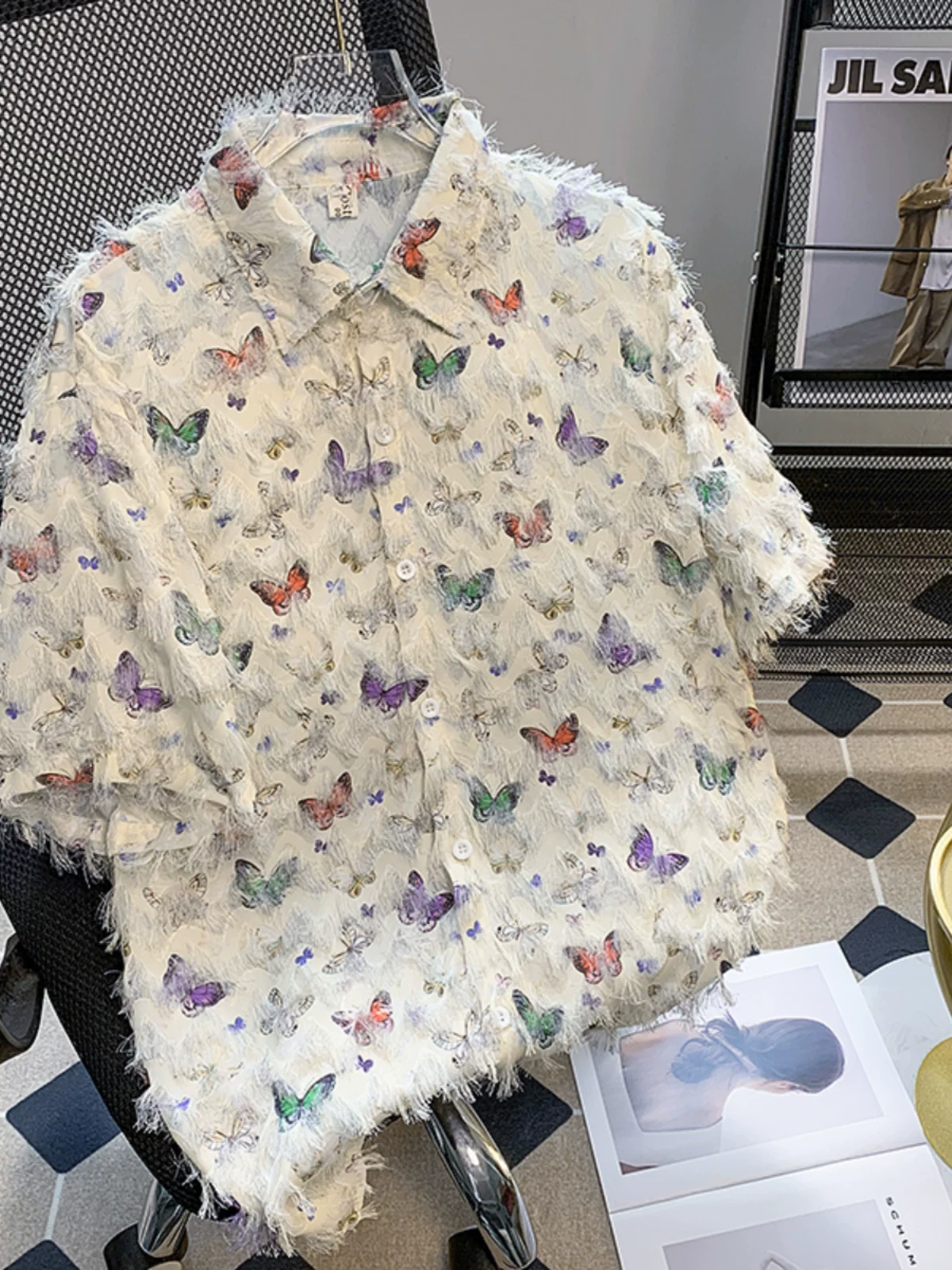 Áo sơ mi thiết kế hình bướm tua rua, áo sơ mi ngắn tay mùa hè nam nữ, áo kiểu dáng rộng rãi hợp thời trang cao cấp hàng hiệu