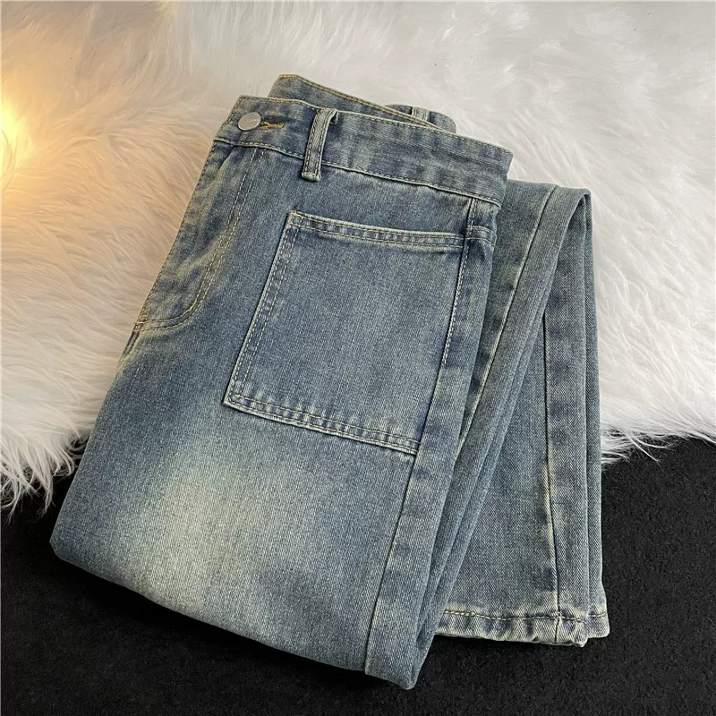 Quần jeans kiểu Mỹ giặt mềm cho mùa thu đông, quần ống đứng thời thượng dành cho nam, quần dài ống rộng phong cách đường phố retro.