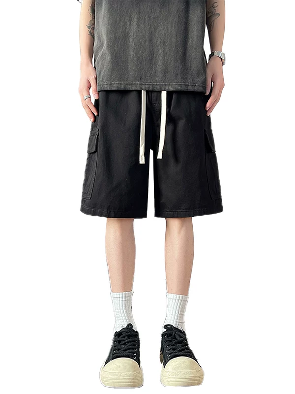 Quần short nam nhiều túi đã qua giặt, quần lửng đa năng mùa hè, quần short ống rộng dáng lửng phong cách Nhật Bản thời thượng.