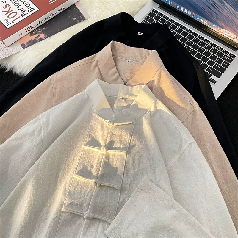 Áo sơ mi cài cúc kiểu Trung Quốc dành cho nam, tay dài, dáng rộng, áo sơ mi cổ đứng kiểu Trung Quốc mới, áo khoác kiểu Đường mỏng hợp thời trang mùa hè.