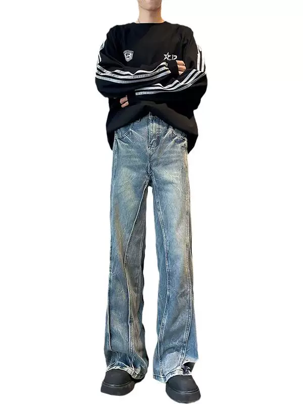 Quần jeans dáng patchwork cho nam, quần wash kiểu Mỹ cleanfit, thương hiệu thời trang xuân thu, quần ống rộng hơi loe.