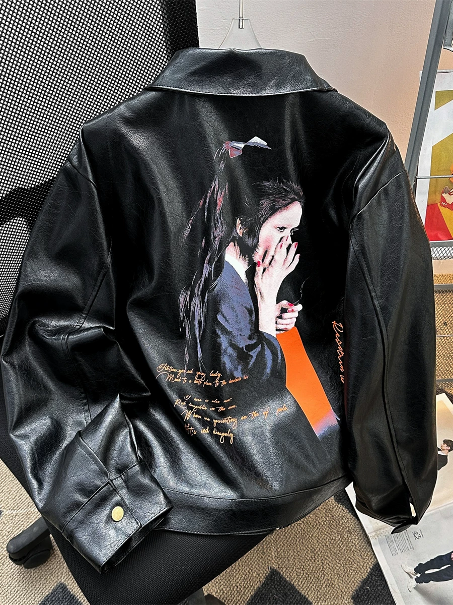 Áo khoác da in họa tiết chân dung phong cách Mỹ dành cho nam, thương hiệu thời trang xuân thu, áo khoác da PU cá tính, áo khoác đi xe máy phong cách đường phố.