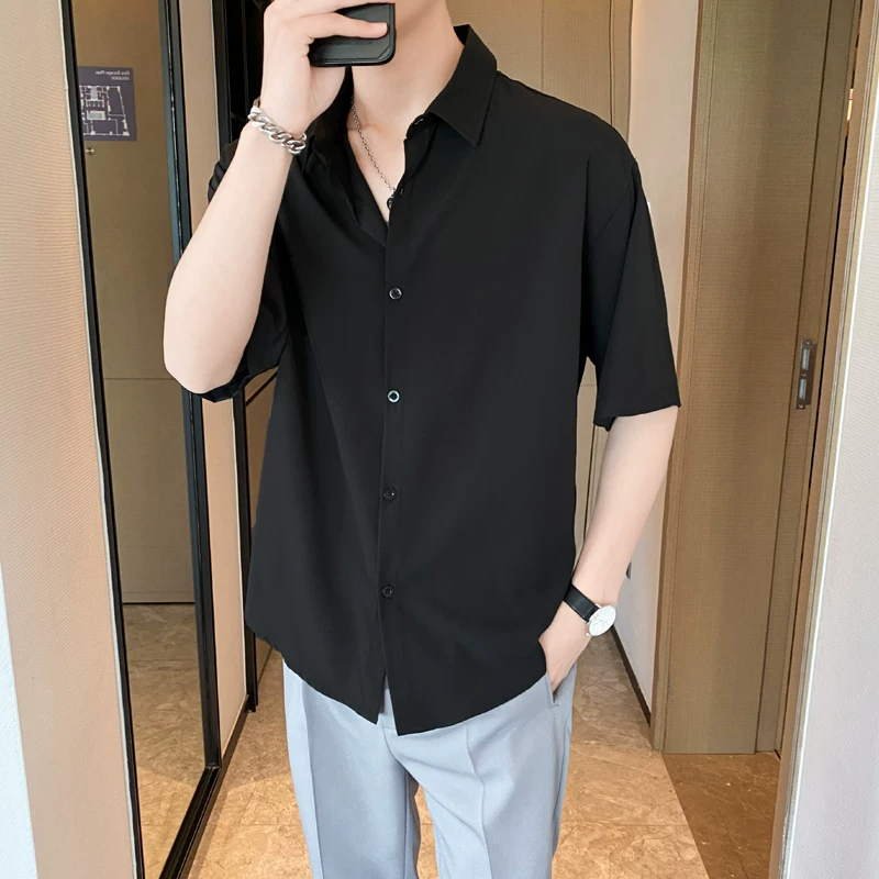 Áo sơ mi ngắn tay mỏng mùa hè phong cách Nhật Bản Áo sơ mi ngắn tay lụa băng nam phiên bản Hàn Quốc áo kiểu dáng rủ mát mẻ hợp thời trang