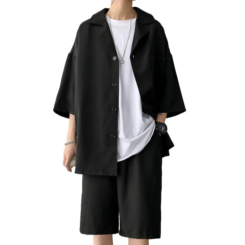 Bộ vest nam thường ngày, áo khoác tay lửng phong cách Hồng Kông mùa hè, áo blazer đa năng phong cách Hàn Quốc, quần short rộng rãi.