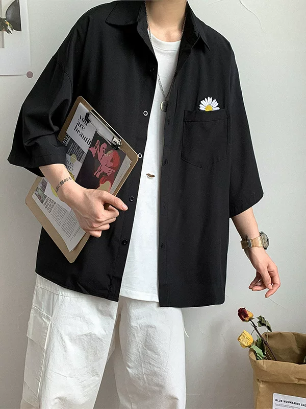 Áo sơ mi ngắn tay hoa cúc mùa hè hợp thời trang, áo sơ mi tay lửng dáng rộng đa năng, áo khoác công sở nam thông thường