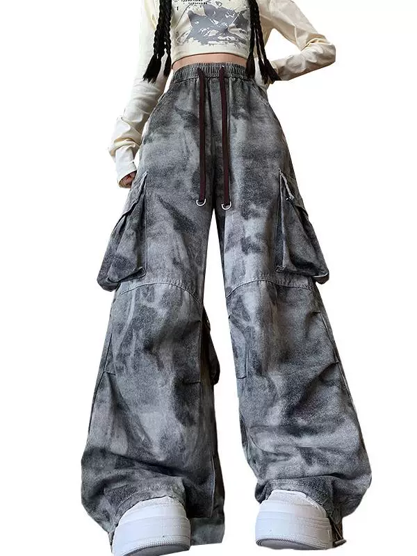Quần cargo thường ngày nhuộm màu tie-dye dành cho nam và nữ, phong cách hip-hop đường phố Mỹ, quần dài ống rộng dáng suông hợp thời trang mùa xuân thu.