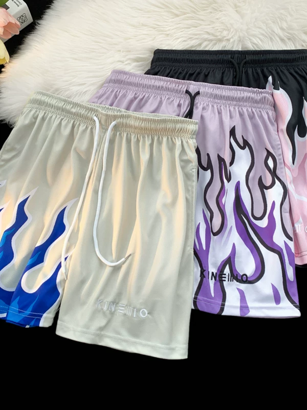 Quần short thể thao nhuộm màu kiểu Flame dành cho nam, quần short bóng rổ hip-hop Mỹ dáng rộng, kiểu dáng mỏng mùa hè, quần năm phần thời trang dành cho cặp đôi.