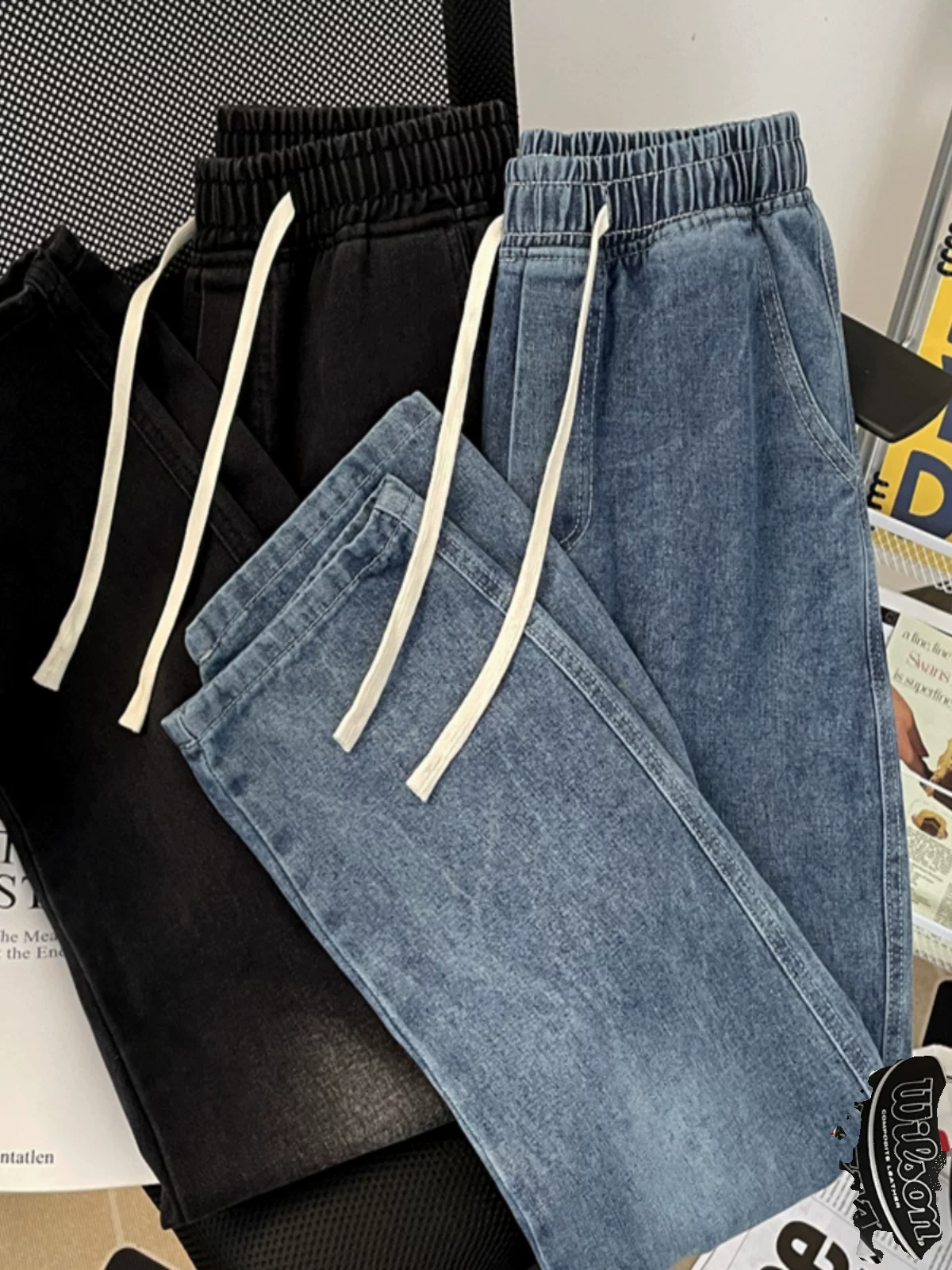 Quần jean lưng thun thương hiệu thời thượng dành cho nam, quần ống rộng dáng suông mùa xuân, quần đa năng phong cách Mỹ.