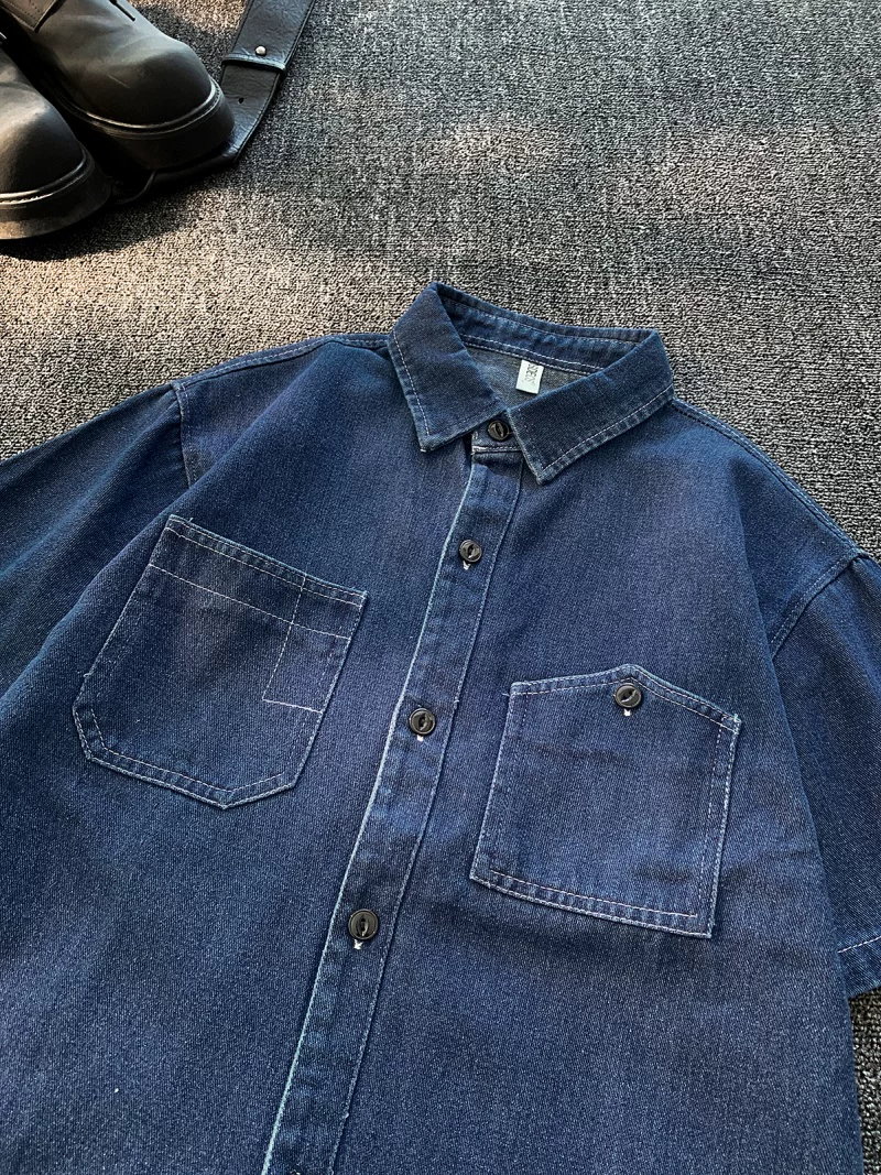 Áo sơ mi denim ngắn tay phong cách retro của Mỹ dành cho nam, áo công sở có ve áo rộng rãi mùa hè, áo khoác sơ mi thương hiệu thời thượng sành điệu