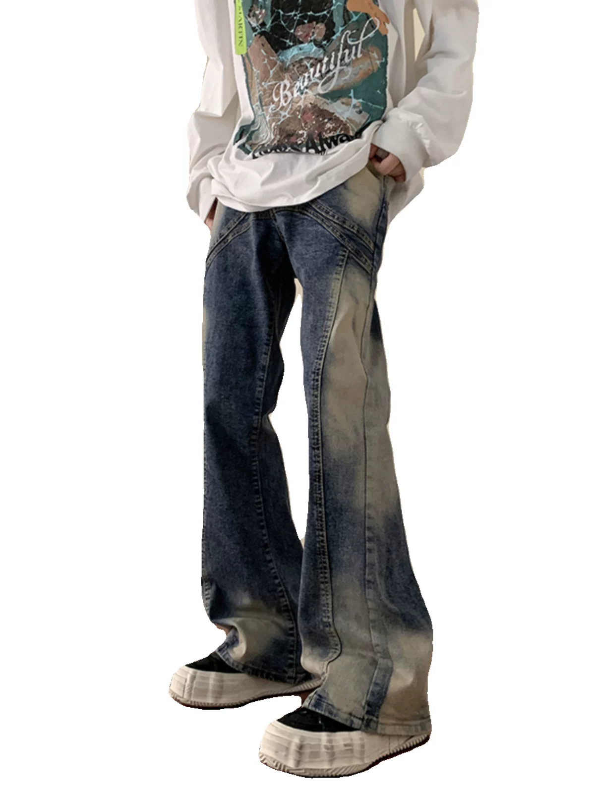 Quần jeans nam kiểu gradient, phong cách thu mới, thời thượng, quần cá tính, phong cách đường phố Mỹ, dáng rộng, quần dài hơi loe.