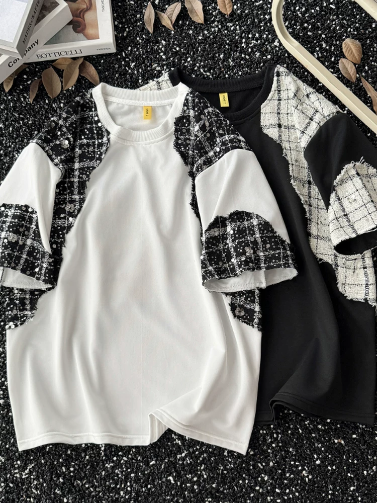 Áo thun ngắn tay kiểu chắp vá phong cách Chanel dành cho nam, thiết kế rộng rãi mùa hè, áo thun nửa tay, mát mẻ và sành điệu, áo cổ tròn giả hai mảnh.