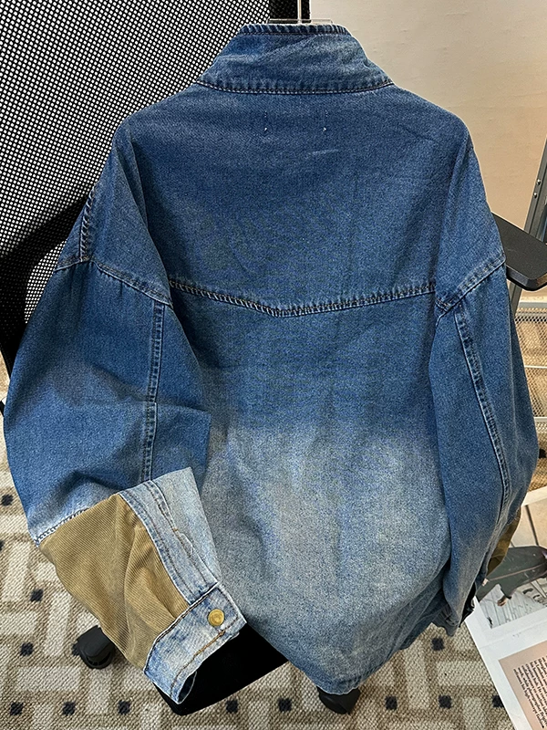 Áo khoác thêu chắp vá bằng vải nhung kẻ dành cho nam, áo khoác denim phong cách Mỹ hợp thời trang mùa xuân thu mới, trang phục công sở cổ đứng rộng rãi.