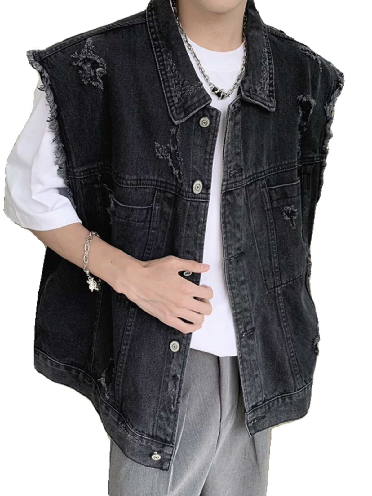 Áo vest denim nam đã qua xử lý làm cũ, phong cách retro Mỹ, áo vest công sở, kiểu dáng rộng rãi hợp thời trang, áo khoác không tay cá tính.