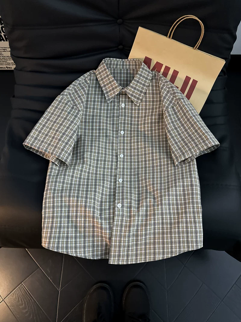 Áo sơ mi ngắn tay kẻ sọc phong cách retro của Mỹ dành cho nam, áo khoác sơ mi dáng rộng mùa hè, áo nửa tay thông thường của thương hiệu thời thượng