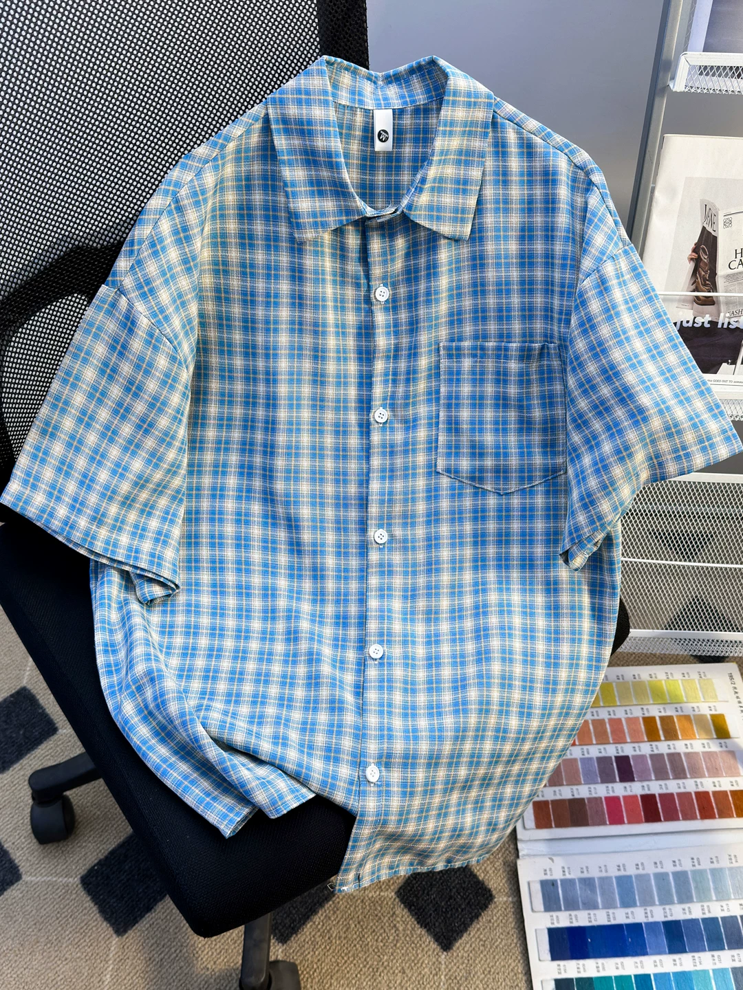 Áo sơ mi ngắn tay kẻ sọc mùa hè dành cho nam, áo sơ mi có cổ trẻ trung đa năng hợp thời trang, áo khoác nửa tay dáng rộng thông thường