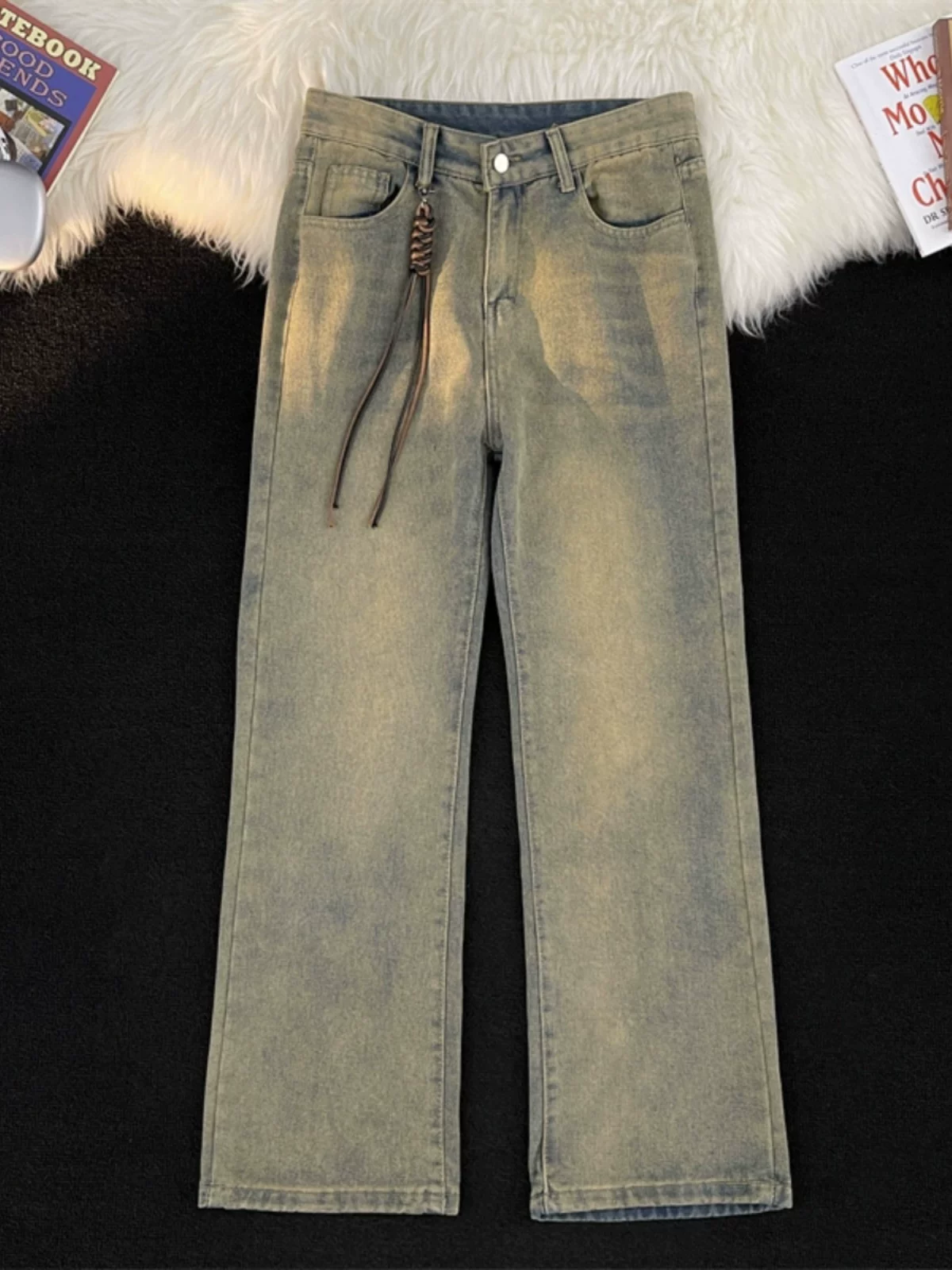 Quần jeans thiết kế phong cách INS mùa xuân dành cho nam, quần ống loe retro Mỹ, quần dài ống rộng vintage thời thượng.