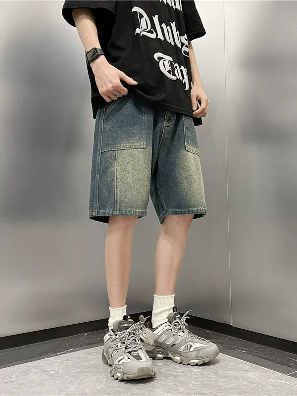 Quần short denim kiểu Nhật dành cho nam, quần dài vừa phải dáng rộng mùa hè, quần áo ngoài thương hiệu thời trang đa năng, quần năm phần.