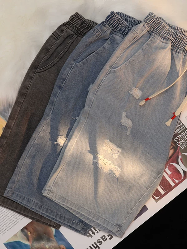 Quần short denim lưng thun co giãn mùa hè hợp thời trang thương hiệu hot trend quần dài vừa phải rách thẳng nam phong cách Nhật Bản quần lửng dáng rộng thường ngày