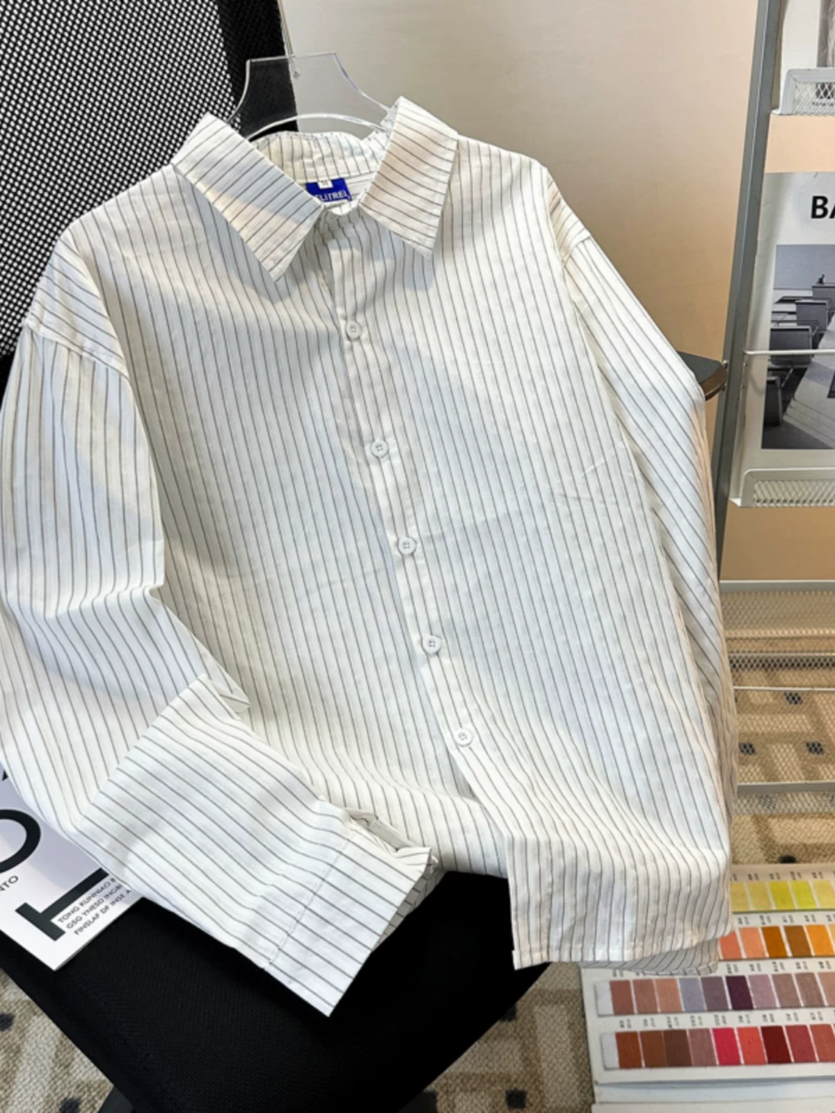 Áo sơ mi sọc cao cấp dành cho nam, áo kiểu Hàn Quốc tay dài hợp thời trang, áo sơ mi phong cách trưởng thành mùa xuân thu.