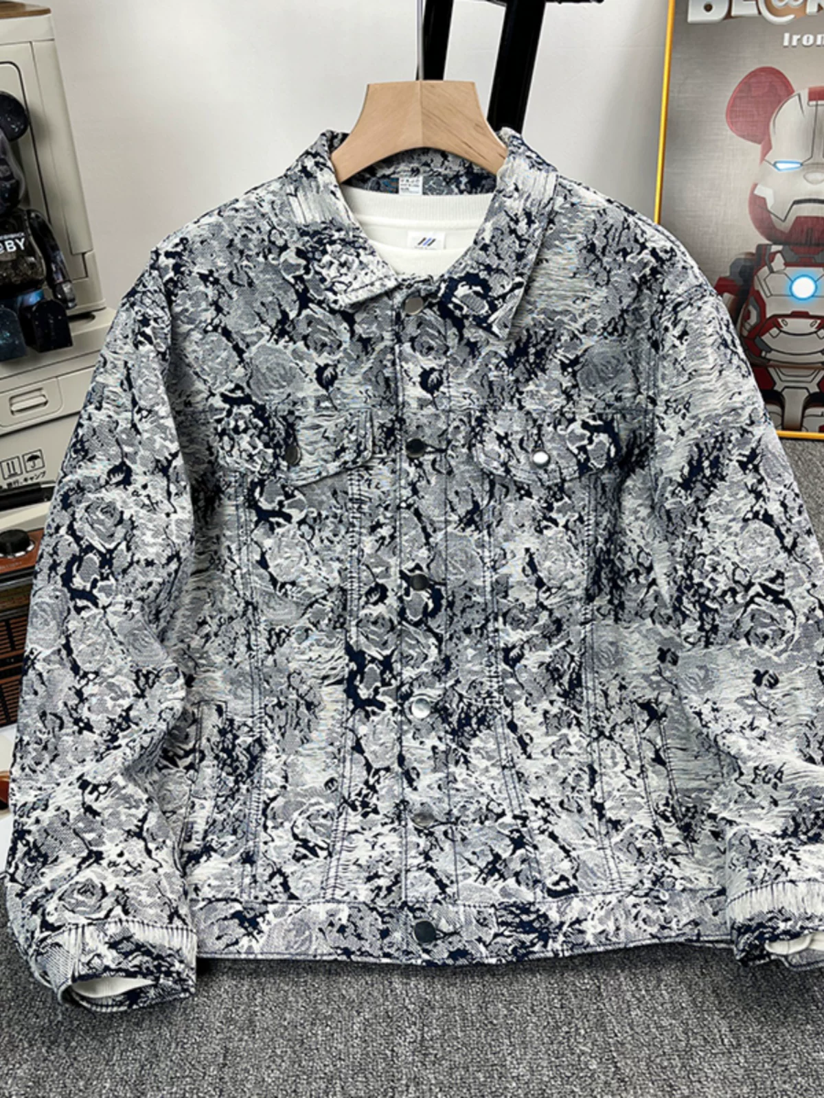 Áo khoác jacquard cao cấp dành cho nam, áo khoác denim kiểu Mỹ dáng gọn gàng, trang phục cặp đôi rộng rãi hợp thời trang mùa xuân thu.